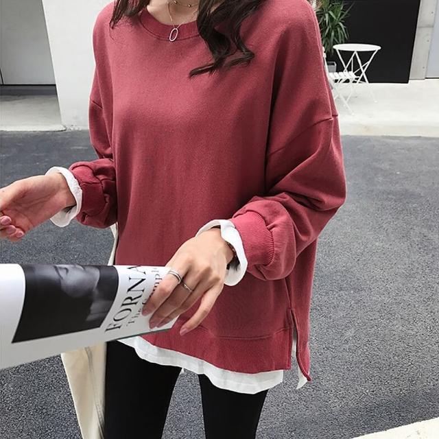 【D.studio】韓版側邊開叉寬鬆長袖上衣(女裝 衣服 寬鬆上衣 顯瘦上衣 冬裝 長袖t恤 素T 素色 大學T W275)