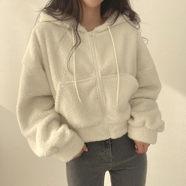 【D.studio】韓版顯瘦加厚保暖短版連帽外套(毛毛外套 上衣 女裝 衣服 外套 長袖上衣 毛衣 J180)