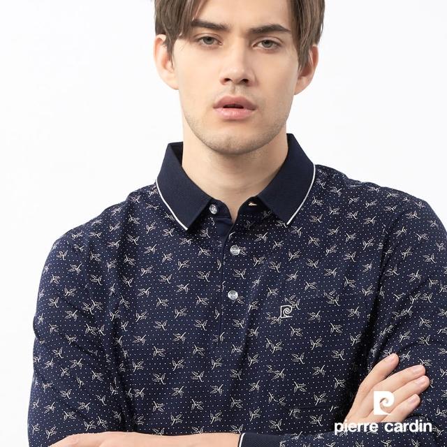 【pierre cardin 皮爾卡登】休閒服飾 男款 印花長袖POLO衫-深藍色(5235209-38)