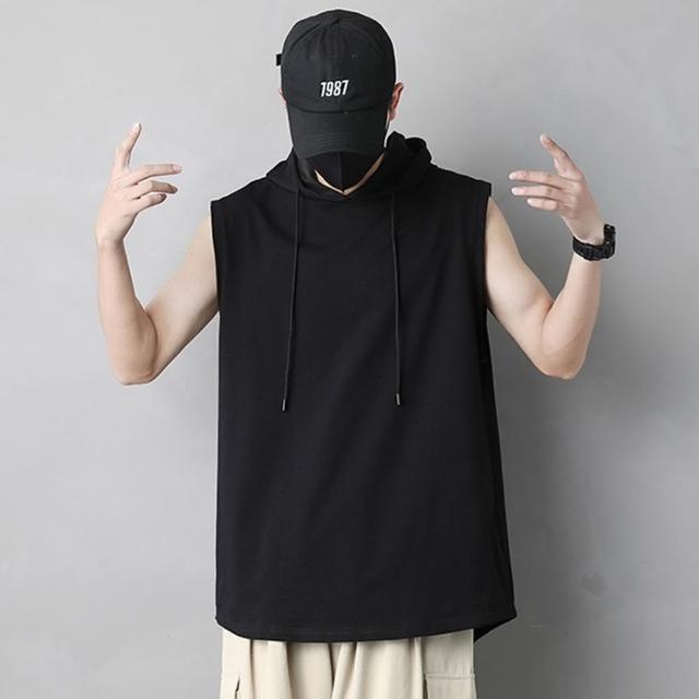 【D.studio】韓版無袖連帽T恤(短袖上衣 無袖t恤 男裝 顯瘦 寬鬆 素T 運動背心 V269)