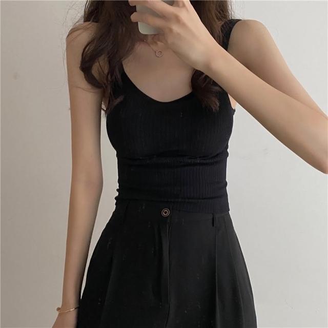【D.studio】韓版百搭寬肩背心(帶胸墊免穿內衣 上衣 小可愛 女裝 背心女 衣服 短版上衣 短板上衣 V166)
