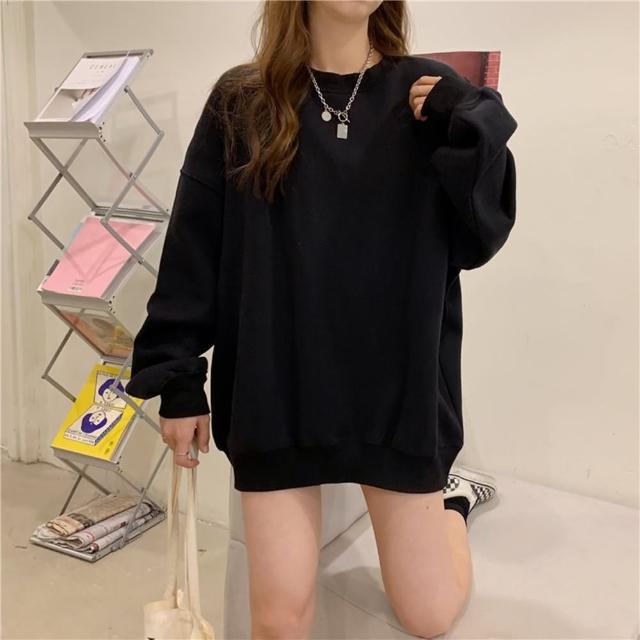 【D.studio】韓版中長款寬鬆內刷毛長袖上衣(大學T女裝衣服寬鬆上衣顯瘦上衣長袖t恤冬裝發熱衣 W466)