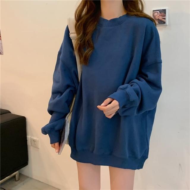 【D.studio】韓版中長款寬鬆內刷毛長袖上衣(大學T女裝衣服寬鬆上衣顯瘦上衣長袖t恤冬裝發熱衣 W466)