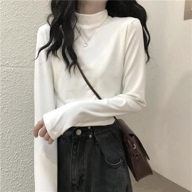【D.studio】韓版半高領薄內刷毛內搭顯瘦長袖上衣(女裝衣服寬鬆上衣顯瘦上衣長袖t恤冬裝發熱衣 W321)
