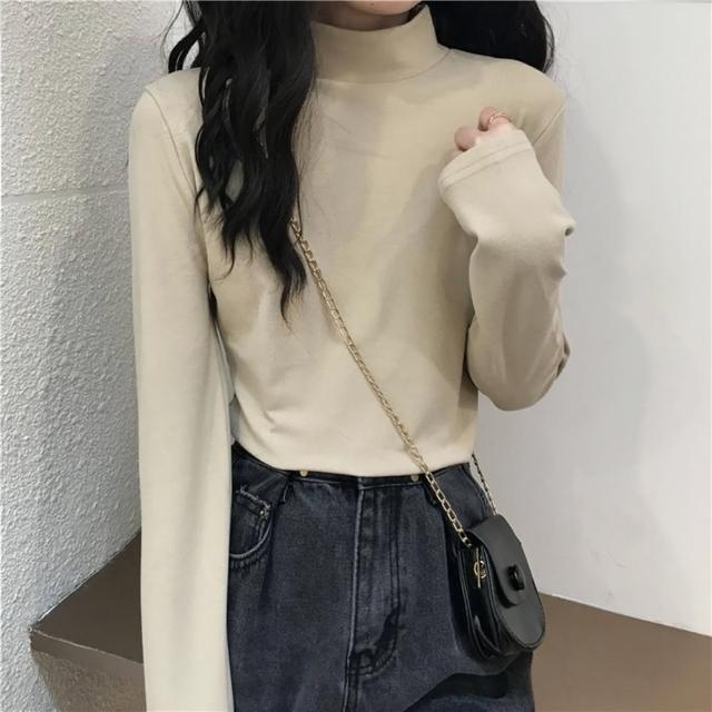 【D.studio】韓版半高領薄內刷毛內搭顯瘦長袖上衣(女裝衣服寬鬆上衣顯瘦上衣長袖t恤冬裝發熱衣 W321)