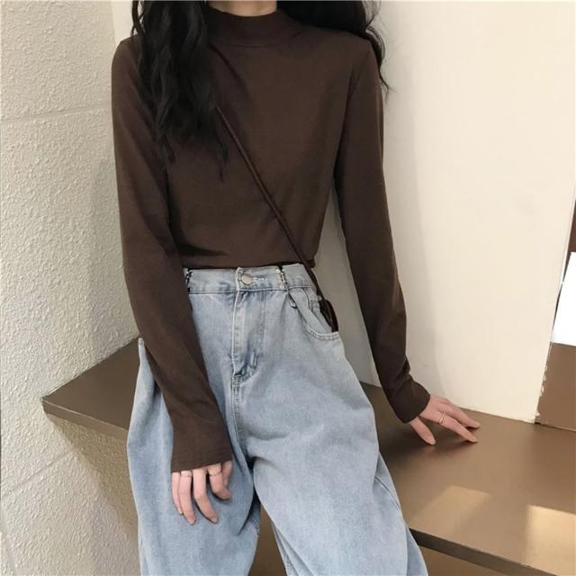 【D.studio】韓版半高領薄內刷毛內搭顯瘦長袖上衣(女裝衣服寬鬆上衣顯瘦上衣長袖t恤冬裝發熱衣 W321)