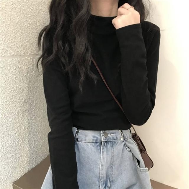 【D.studio】韓版半高領薄內刷毛內搭顯瘦長袖上衣(女裝衣服寬鬆上衣顯瘦上衣長袖t恤冬裝發熱衣 W321)