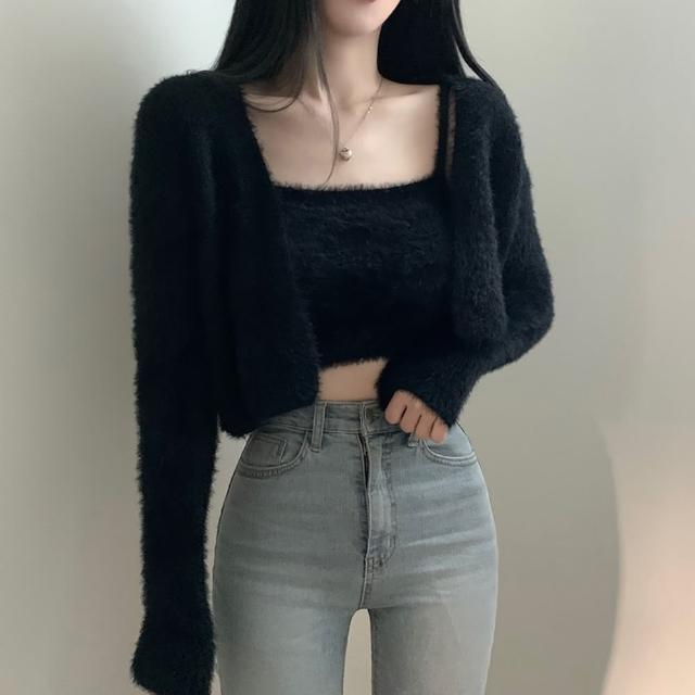 【D.studio】韓版氣質軟糯毛絨絨兩件式毛衣外套+背心(套裝女裝衣服外套長袖小可愛女裝衣服 J234)