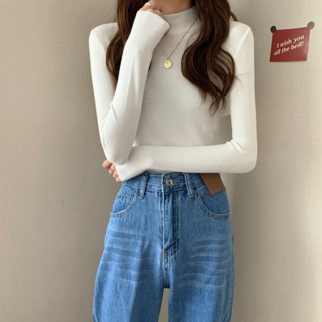 【D.studio】韓版溫柔風半高領彈性顯瘦針織上衣(毛衣長袖上衣女裝衣服顯瘦上衣長袖t恤冬裝 發熱衣 W145)