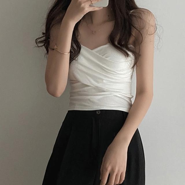 【D.studio】韓版胸前交叉內搭小吊帶背心(帶胸墊免穿內衣 上衣 小可愛 女裝 背心女 衣服 短版上衣 V128)