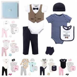 【Hudson Baby】彌月禮盒組-嬰兒短袖包屁衣長褲套裝6件(新生兒嬰兒帽髮帶頭花口水巾)