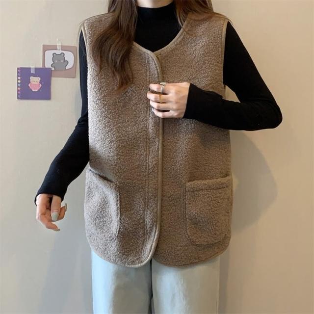 【D.studio】韓版毛絨口袋拉鍊背心外套(上衣 女裝 衣服 外套 長袖上衣 毛衣 J327)