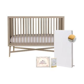 【LEVANA】紐約五合一嬰兒床+單面床墊+雙層紗防踢被寢具3件組+六合一保潔墊(嬰兒床/成長床/書桌床)