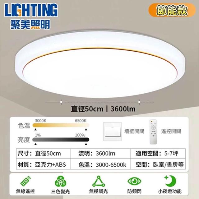 【聚美照明】50cm3600lm5-7坪圓形吸頂燈(三色無極調光附遙控/現代簡約led圓形臥室吸頂燈/BSMI認證:R3E558)