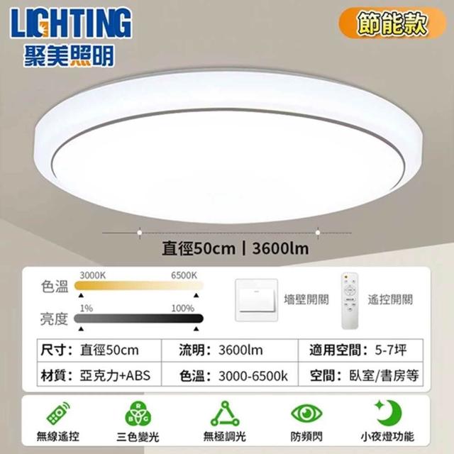 【聚美照明】50cm3600lm5-7坪圓形吸頂燈(三色無極調光附遙控/現代簡約led圓形臥室吸頂燈/BSMI認證:R3E558)