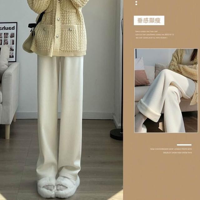 【D.studio】韓版內刷毛加厚運動寬鬆高腰寬褲(褲子長褲休閒褲女裝高腰褲直筒褲黑褲發熱褲保暖褲 P302)