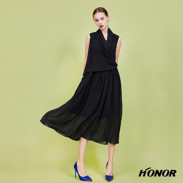 【HONOR 山形屋】出清品 雙層V型雪紡打褶無袖洋裝(限定出清)