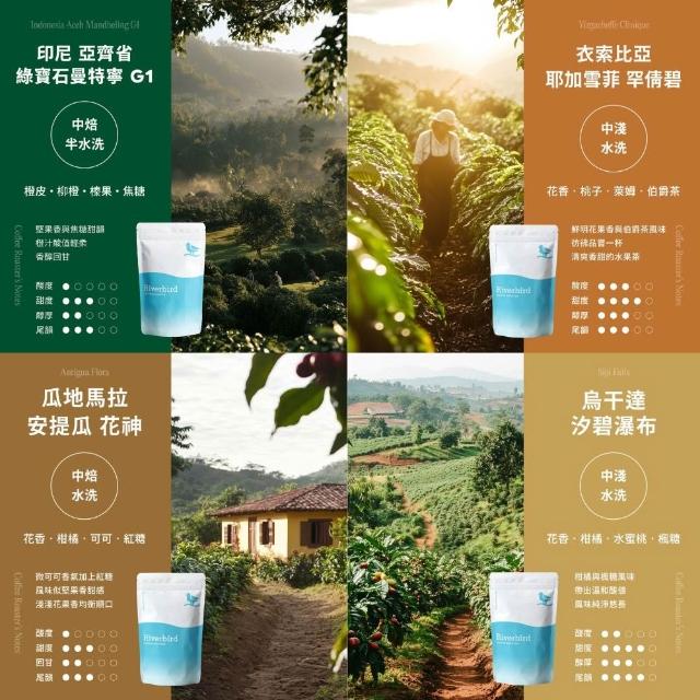 【江鳥咖啡】世界風情咖啡豆綜合風味4包組(225g/包;印尼/耶加雪菲/西達摩/汐碧瀑布)