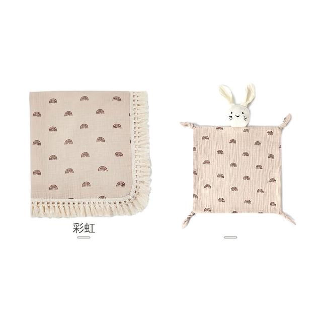 【Kori Deer 可莉鹿】彌月禮盒組-印花流蘇嬰兒萬用包巾+安撫巾(彌月禮滿月冷氣毯透氣寶寶被四季毯)