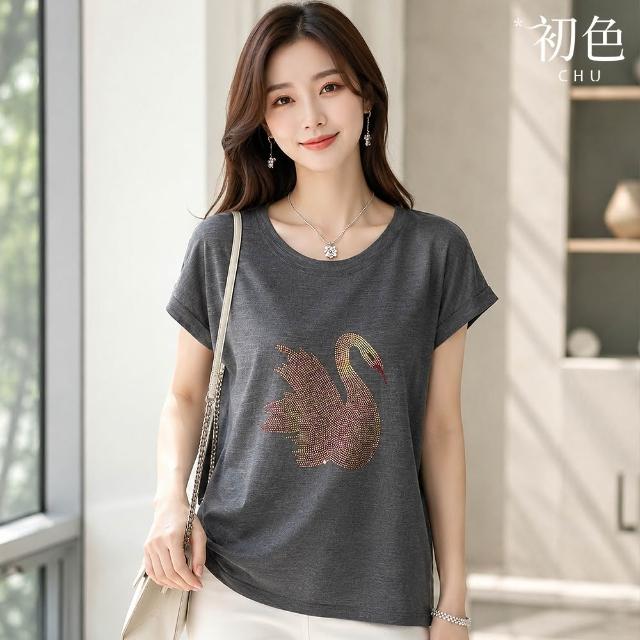 【初色】休閒純色印花圓領短袖T恤上衣女上衣-5款任選-14586(M-2XL可選)