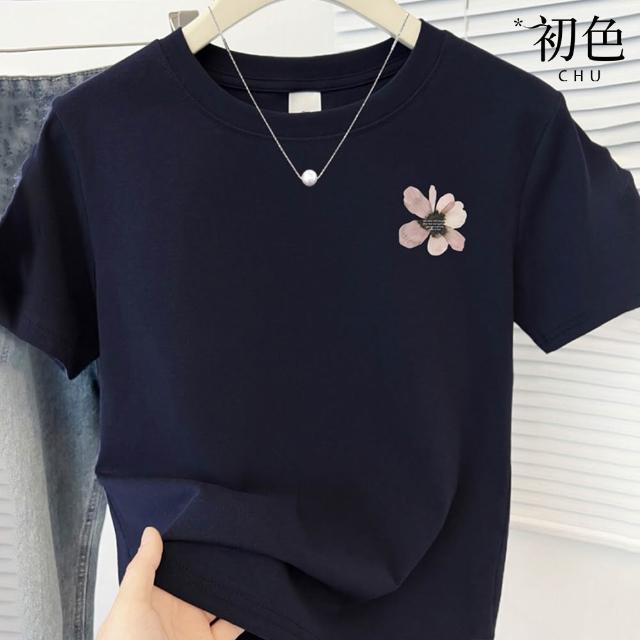 【初色】休閒純色印花圓領短袖T恤上衣女上衣-5款任選-14586(M-2XL可選)