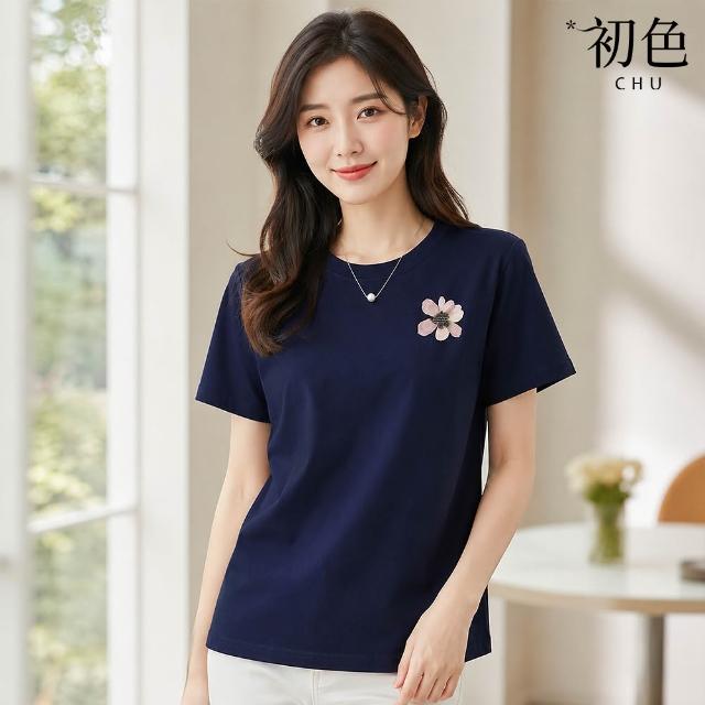 【初色】休閒純色印花圓領短袖T恤上衣女上衣-5款任選-14586(M-2XL可選)