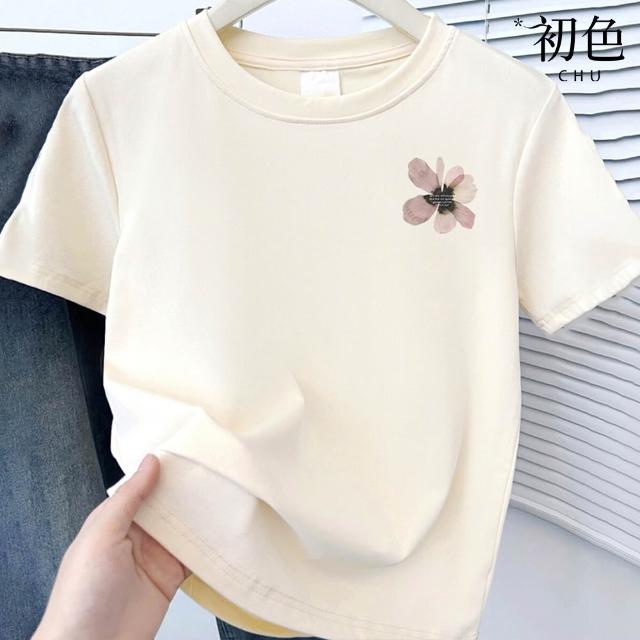 【初色】休閒純色印花圓領短袖T恤上衣女上衣-5款任選-14586(M-2XL可選)