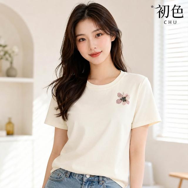 【初色】休閒純色印花圓領短袖T恤上衣女上衣-5款任選-14586(M-2XL可選)