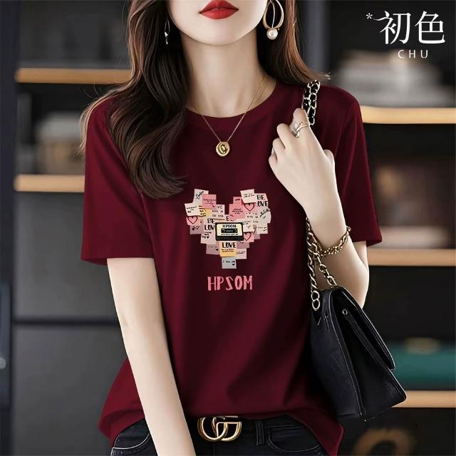 【初色】休閒純色印花圓領短袖T恤上衣女上衣-5款任選-14586(M-2XL可選)