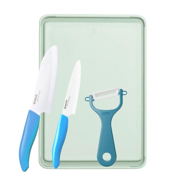 【KYOCERA 京瓷】廚房料理陶瓷刀四件組(三德刀+水果刀+削皮刀+砧板)