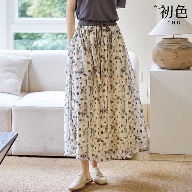 【初色】棉麻風寬鬆拼色花卉碎花印花鬆緊腰抽繩A字裙長裙半身裙-花色-35243(M-2XL可選)