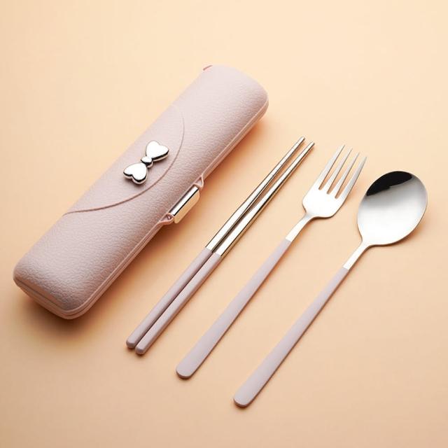 【BonBon naturel】304不鏽鋼環保餐具三件組附盒(筷子/餐具/湯匙/叉子/餐勺/野餐/露營/環保餐具組)