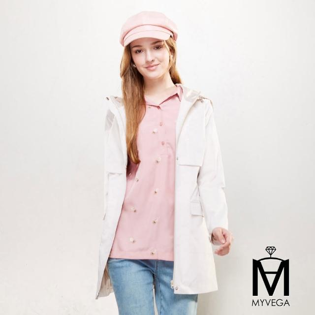 【MYVEGA 麥雪爾】MA防風刺繡檔片連帽長版風衣外套-共四色(風衣外套/連帽外套/長版外套)