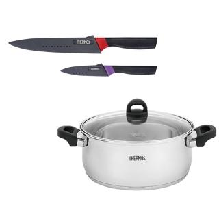 【THERMOS膳魔師】不鏽鋼含蓋饌饗雙耳湯鍋火鍋28cm+不鏽鋼二入刀具組(KOP-W28N+FA-05N)