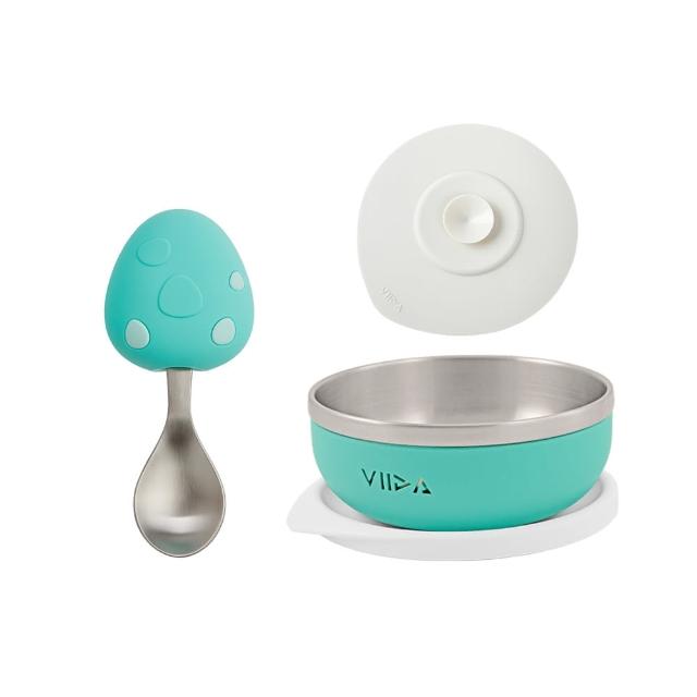 【VIIDA】Souffle 抗菌不鏽鋼學習湯匙和餐碗和矽膠吸盤(兒童餐具/99%抗菌/不鏽鋼餐碗/學習餐具)