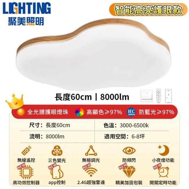 【聚美照明】吸頂燈 木紋 app三色無極調光 60CM 8000lm 智能高亮護眼款(臥室兒童燈/客廳燈/防藍光護眼燈)