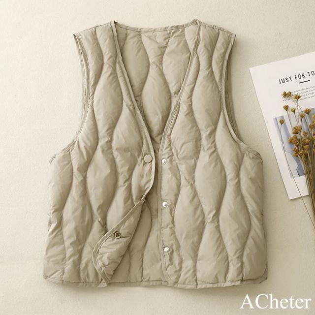 【ACheter】夾棉內搭輕薄保暖背心貼身V領馬甲短版上衣#123597(白/黑/卡其/杏)