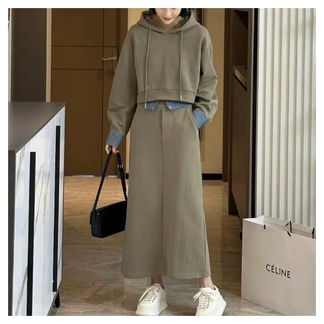 【ASister 小姊姊】AS0842#中大尺碼洋裝/套裝☆*拼接牛仔*連帽抽繩外套+半身裙裙裝(2色 M-5XL)