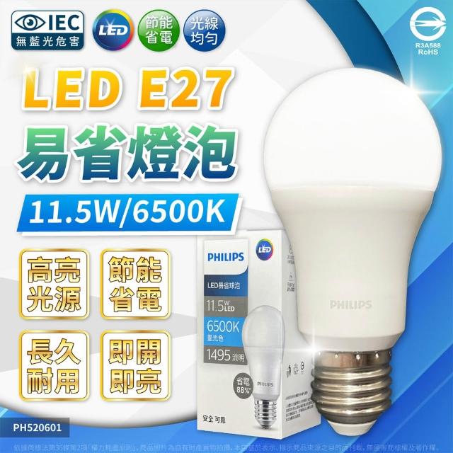 【Philips 飛利浦】2入組 免運費 2025最新款 易省 LED 燈泡 11.5W E27 球泡燈 全電壓(黃光/自然光/白光)