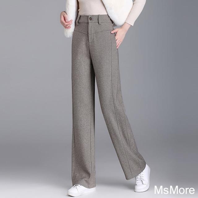 【MsMore】復古毛呢高腰闊腿加厚西裝直筒寬鬆拖地長褲#123637(黑/卡其)
