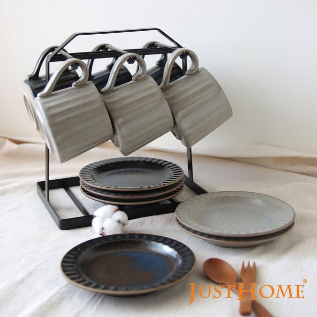 【Just Home】日系直紋粗陶杯盤12件組附收納架(三款可選 下午茶 點心盤 杯 盤)