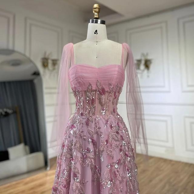 【女神婚紗禮服】輕奢優雅女伶飄紗肩帶串珠雕花A字晚禮服LA72520仙女粉(婚宴派對晚會 拉鍊款晚禮服)