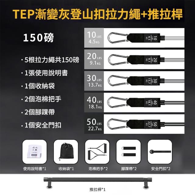 【灰熊厲害】150磅健身拉力繩+推拉桿-漸變色13件套(重訓拉力帶 彈力帶 拉力器 彈力繩 阻力帶)