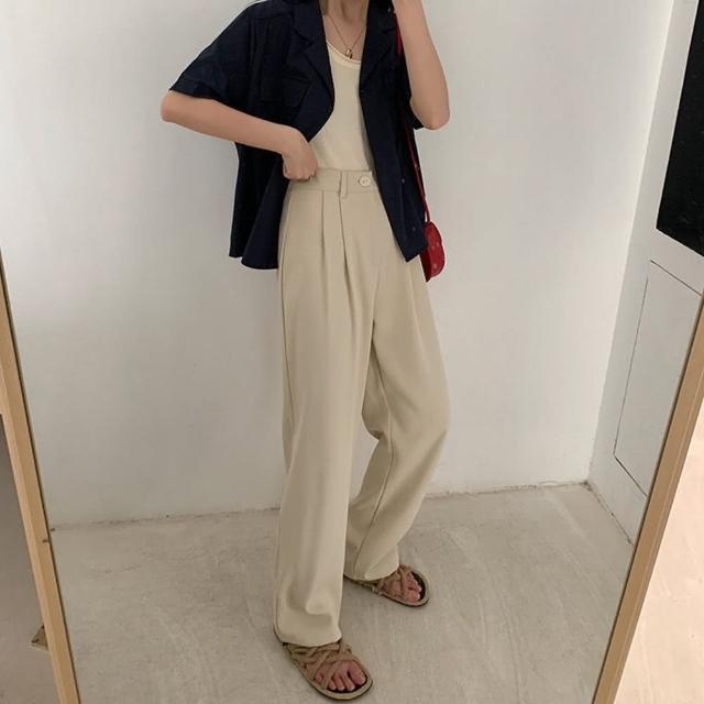 【D.studio】韓版高腰寬鬆顯瘦西裝褲(寬褲 褲子 長褲 休閒褲 女裝 高腰褲 拖地褲 直筒褲 黑褲 P130)