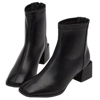 【Grace Gift】直腿濾鏡方頭車線中跟襪靴(黑)