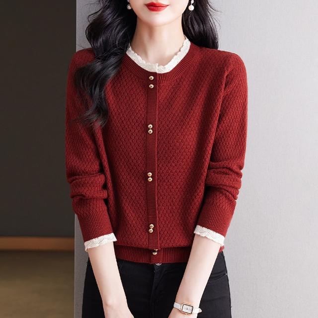 【初色】純色休閒蕾絲拼接顯瘦百搭圓領長袖針織衫毛衣外套女外套-共5色-39015(F可選/現貨+預購)