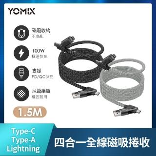 【YOMIX 優迷】PD100W四合一快充磁吸編織收納充電傳輸線1.5M(安卓APPLE適用/筆電/Type-C/Lightning/USB-A)