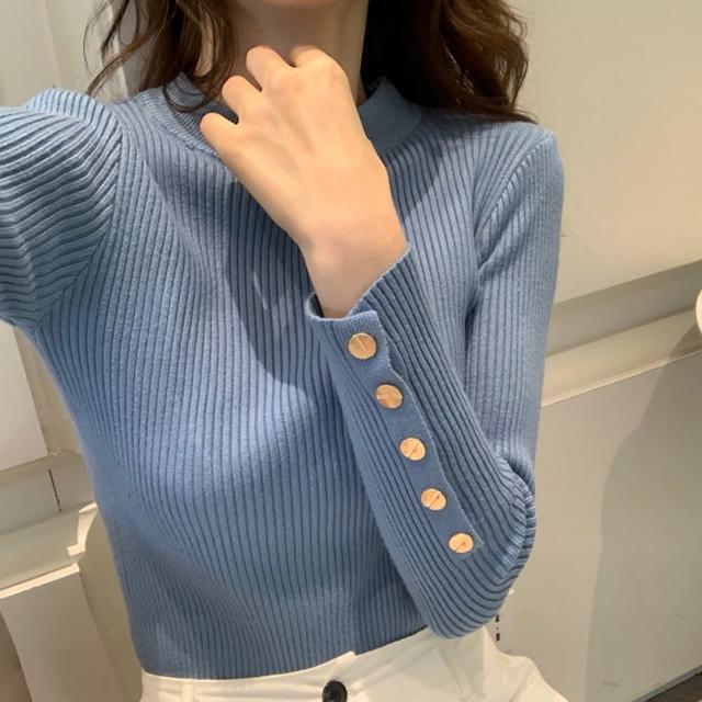 【初色】韓版鈕扣坑條紋半高領長袖彈力打底針織衫毛衣上衣女上衣-共6色-39400(F可選/現貨+預購)