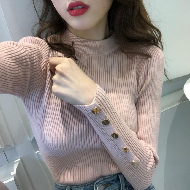 【初色】韓版鈕扣坑條紋半高領長袖彈力打底針織衫毛衣上衣女上衣-共6色-39400(F可選/現貨+預購)