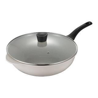 【Queen Chef】韓國礦岩鈦合金鑄造不沾鍋炒鍋 32CM(炒鍋+玻璃蓋 IH爐電磁爐適用)